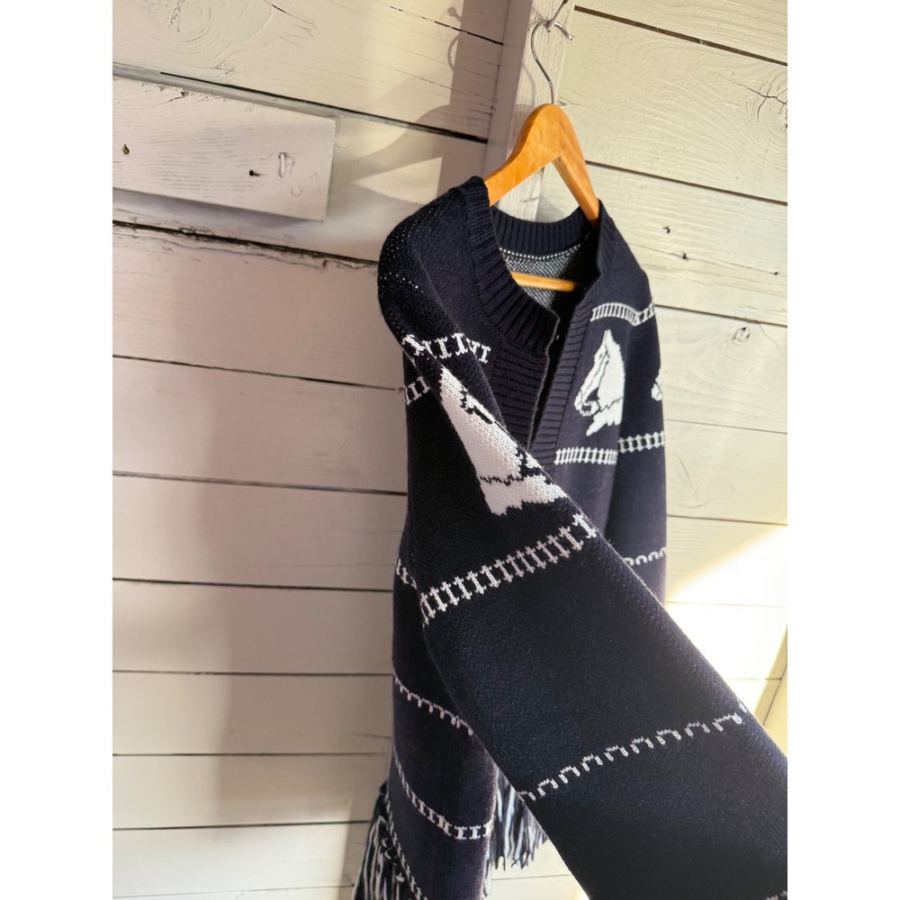 Commense Black White Horse Intarsia Fringe Cardigan Wool Blend Sweater Womens M - Picture 3 of 8
